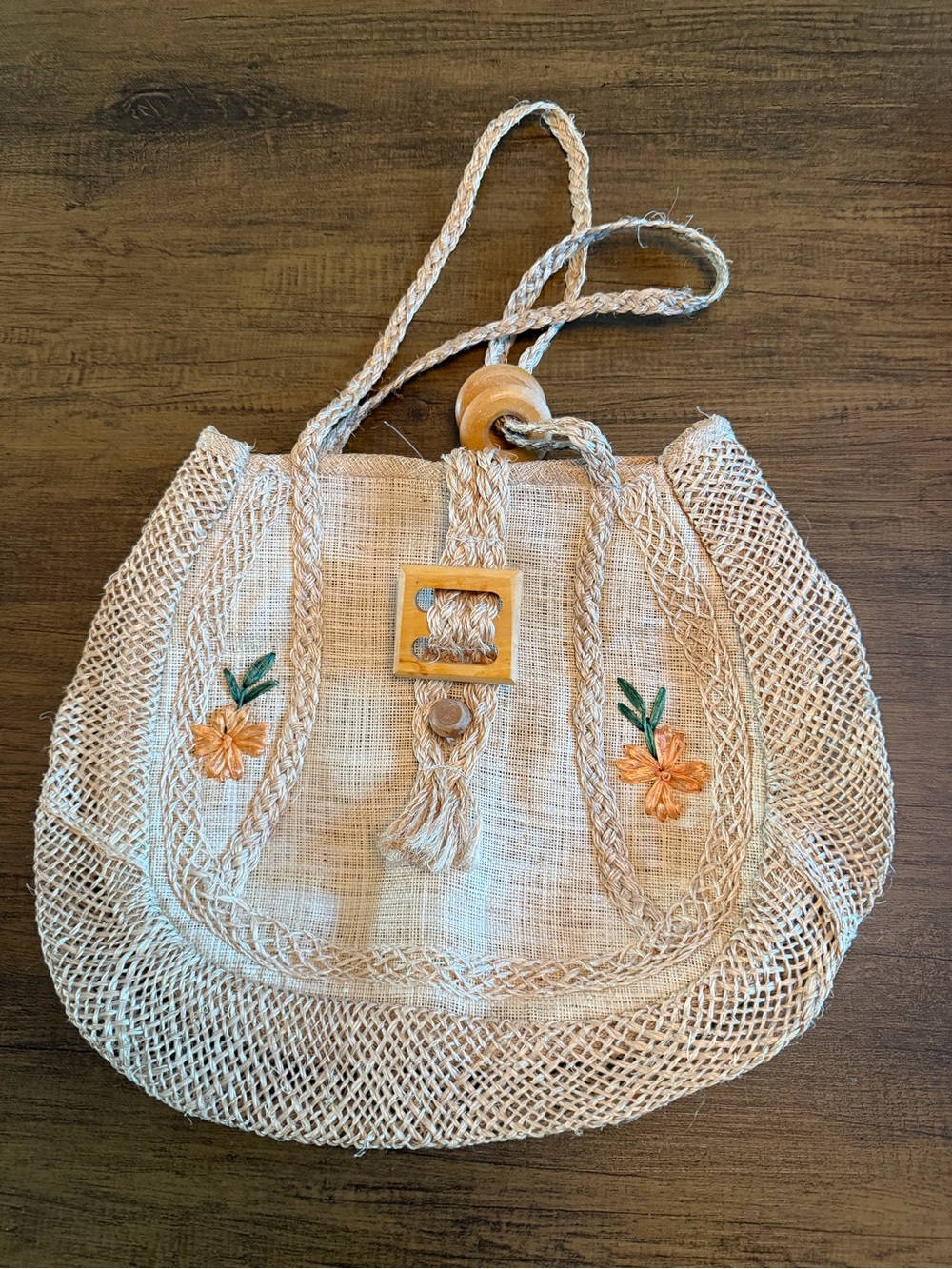 Handwoven Natural Straw Shoulder Bag with Orange Floral Embroidery
